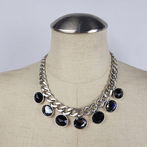 A&C Silver Tone Necklace with Black Faceted Stones - Statement Jewelry